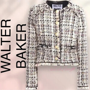 WALTER BAKER Baca faux leather trimmed bouclé tweed jacket Beige